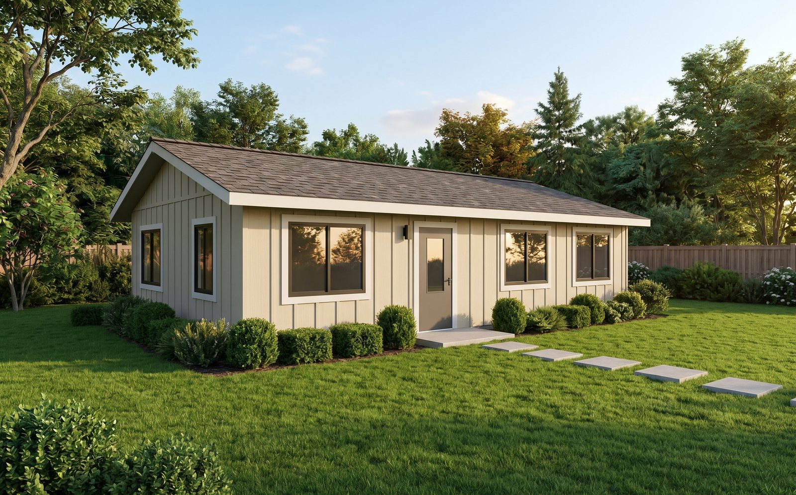 Conceptual rendering of The Chandler: a sandstone board-and-batten casita with a shingle roof and a stepping-stone path across the lawn