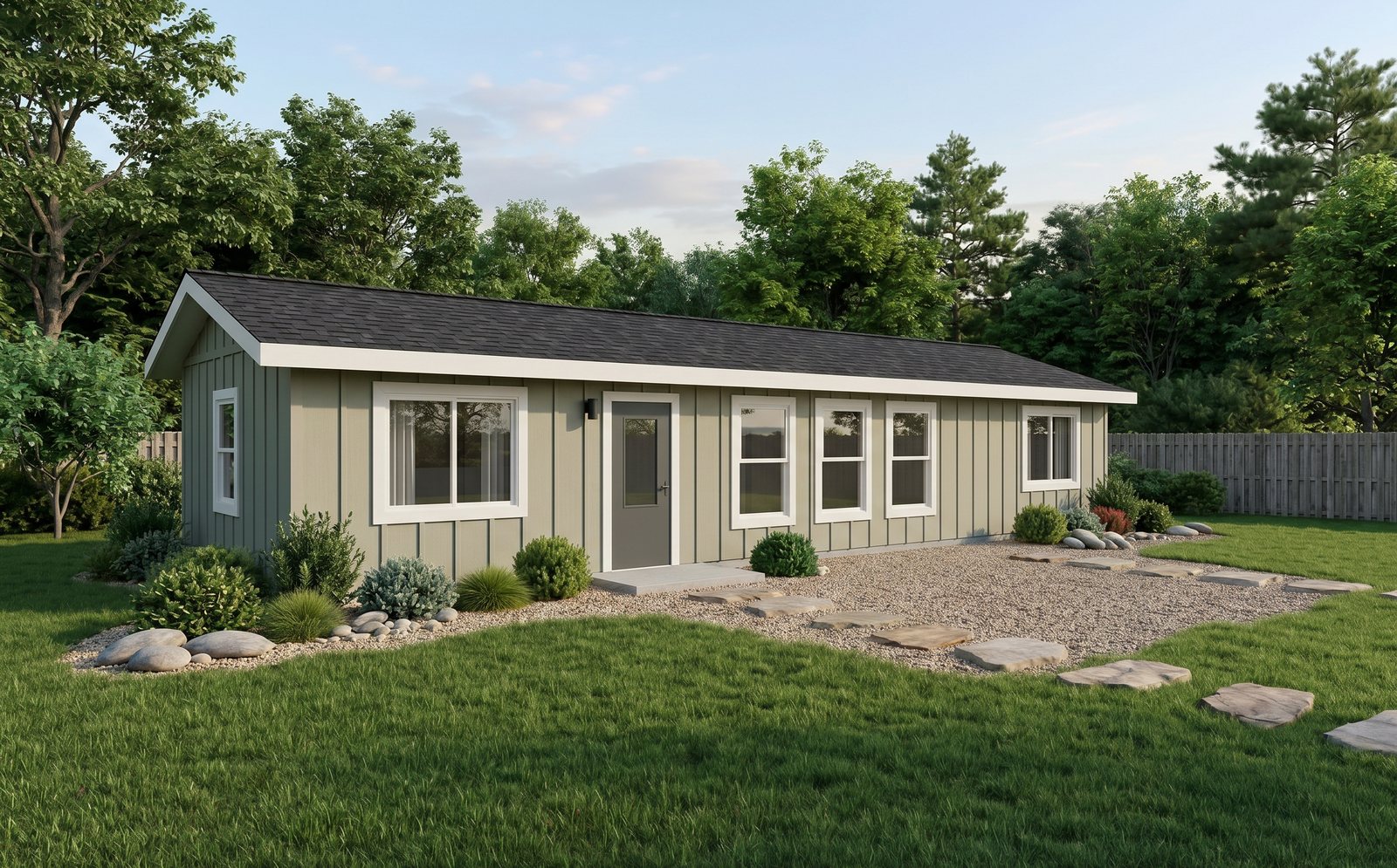 Conceptual rendering of The Gilbert: a long sage-green board-and-batten casita with two entry doors and a gravel and flagstone yard