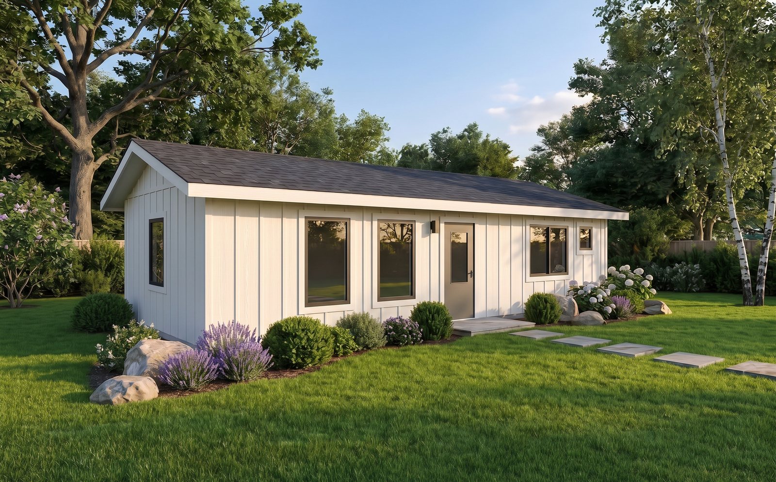 Conceptual rendering of The Mesa: a warm-white board-and-batten casita with a shingle roof in a landscaped backyard