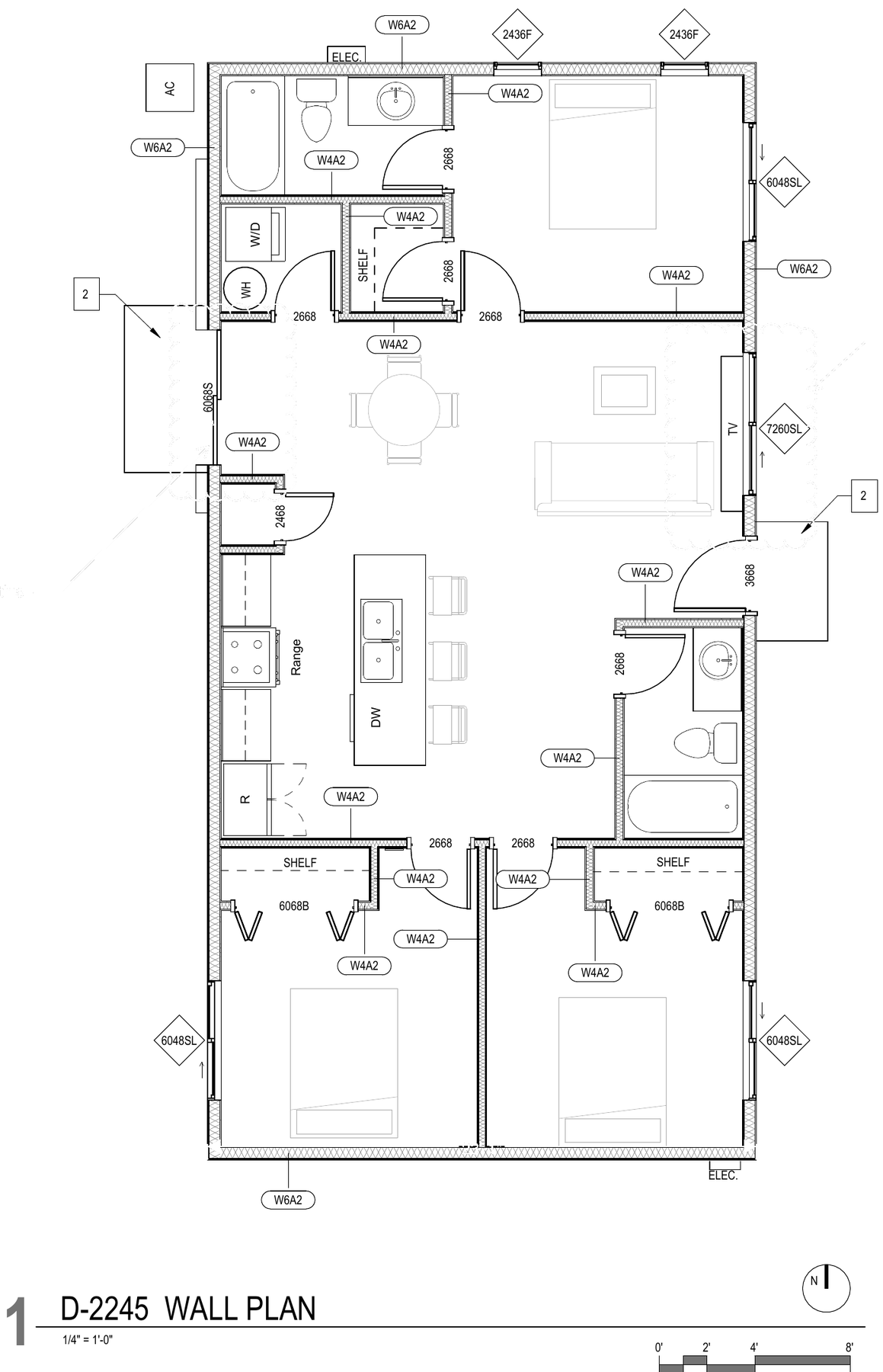 Floor plan D-2245: a three-bedroom, two-bath casita with a primary suite at one end, two bedrooms at the other, and kitchen, dining and living between