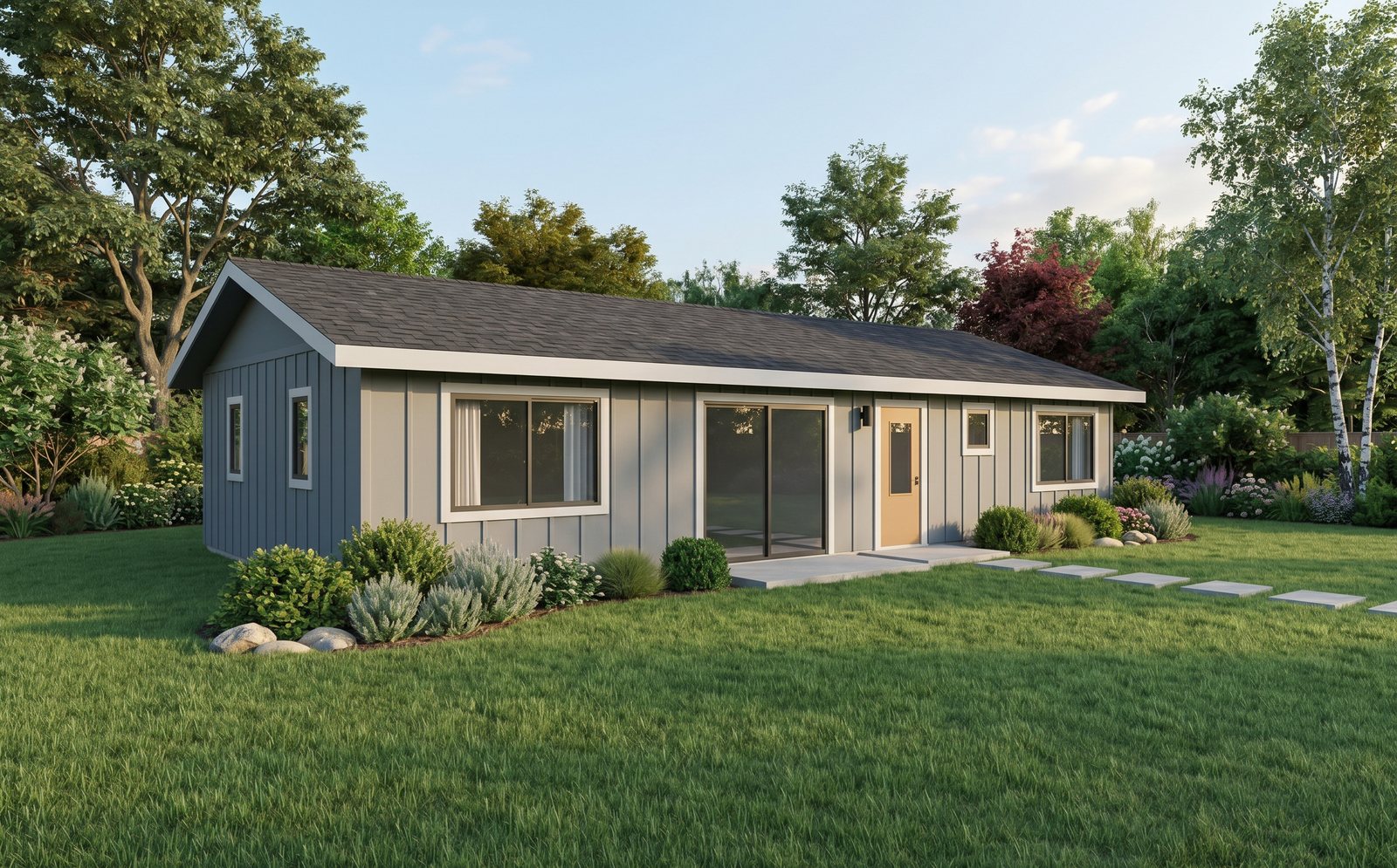 Conceptual rendering of The Queen Creek: a slate-gray board-and-batten casita with a sliding glass door, a wood front door and landscaped beds